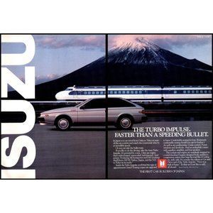 1987 Isuzu Turbo Impulse 2 Page Vintage Print Ad Mt Fuji Bullet Train Wall Art